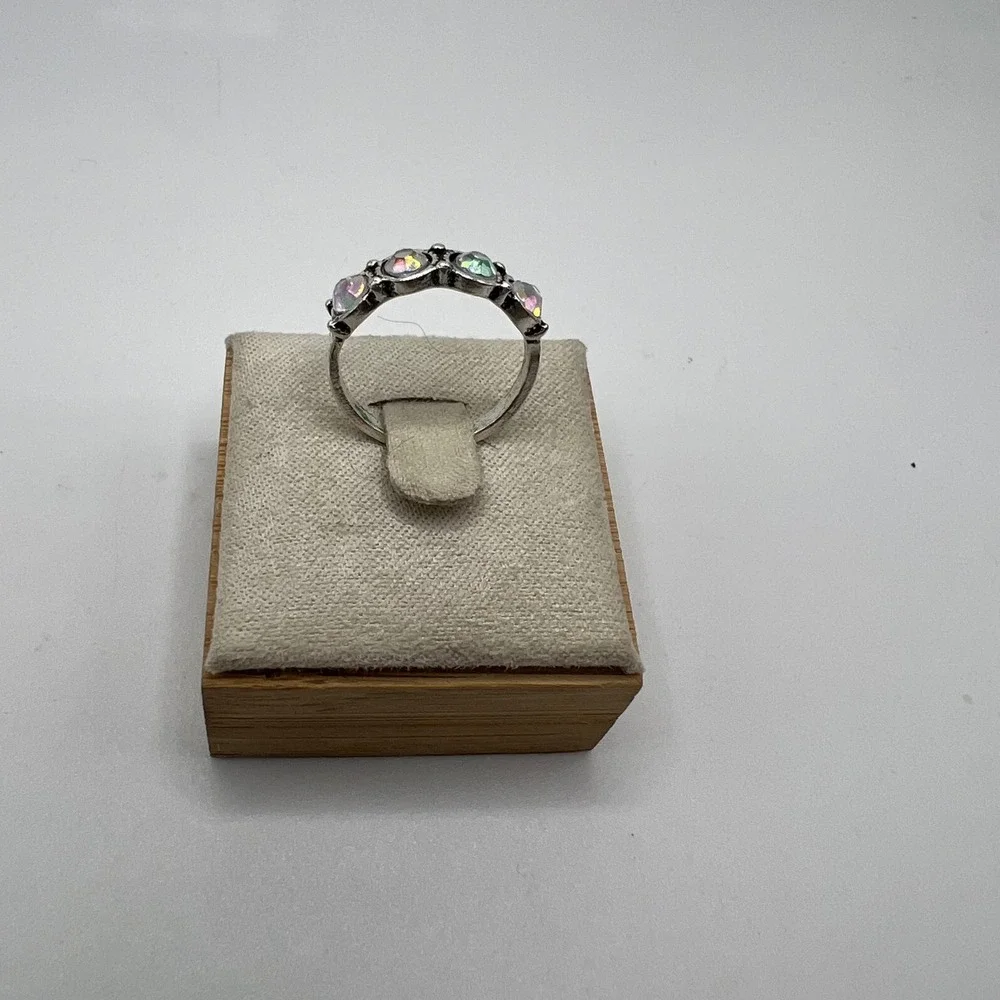 Silver Tone‎ Ring with Round Iridescent Rainbow Stones, Size 5.5